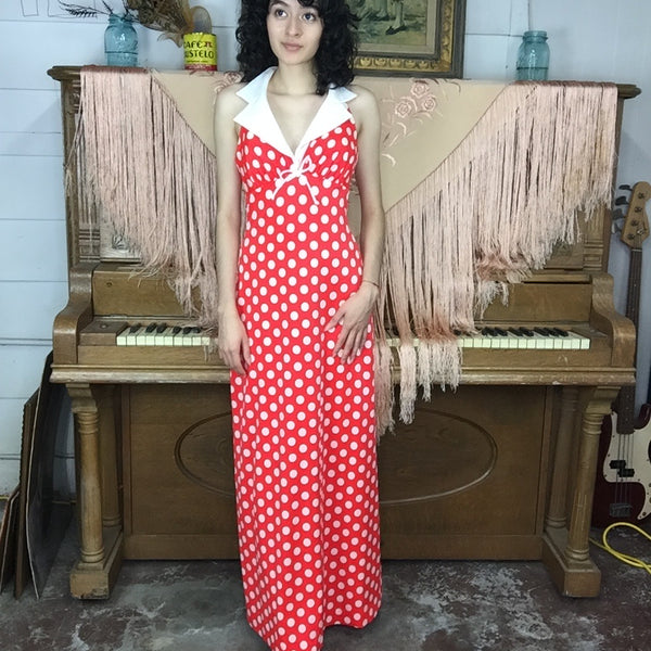 Vintage 70s | Red Polka Dot Groovy Boho Hippie Halter Maxi Dress | XS