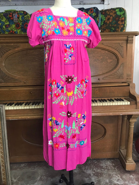 VTG 70s/ Mexican MuuMuu/ Hippie Cotton Summer Vacation/ Beach Cover Up/ Boho Patchwork/ Embroidered/ Caftan Huipil Dress/ Size Small S