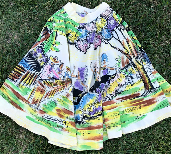 Folk Mexican Tiki Cotton | Art Sequin Beaded | Circle Skirt Pin Up | M L