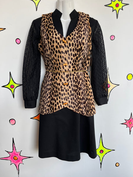 Vintage 60s 70s | Bohemian Faux Fur Cheetah Print Vest Waist Coat | size S