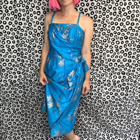 Vintage 50s Shaheen Style Bombshell Sarong Pinup Tiki Mini Wrap Wiggle Dress M