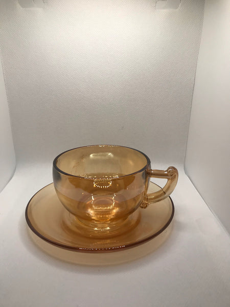 Vintage | Jeanette Glass Co Tea Cups (3) and Saucer (1) | Marigold Iridescent