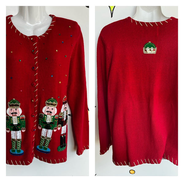 Vintage | Red Nutcracker Embellished Tacky Ugly Christmas Sweater | S