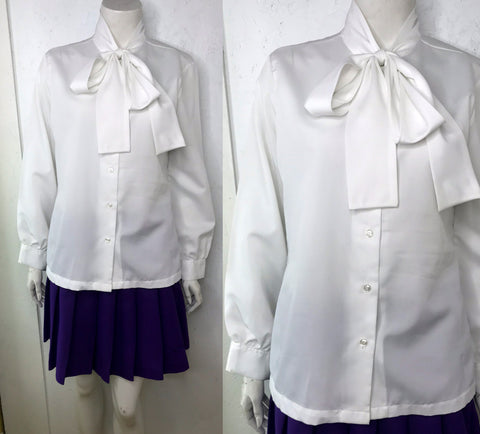 Vtg Vintage 70s 80s 90s White Big Bow Neck Pussy Bow Secretary Blouse L