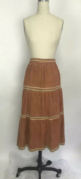 VTG Burnt Orange Suede Leather Southwest Western Rodeo Skirt Indian Princess 7/8