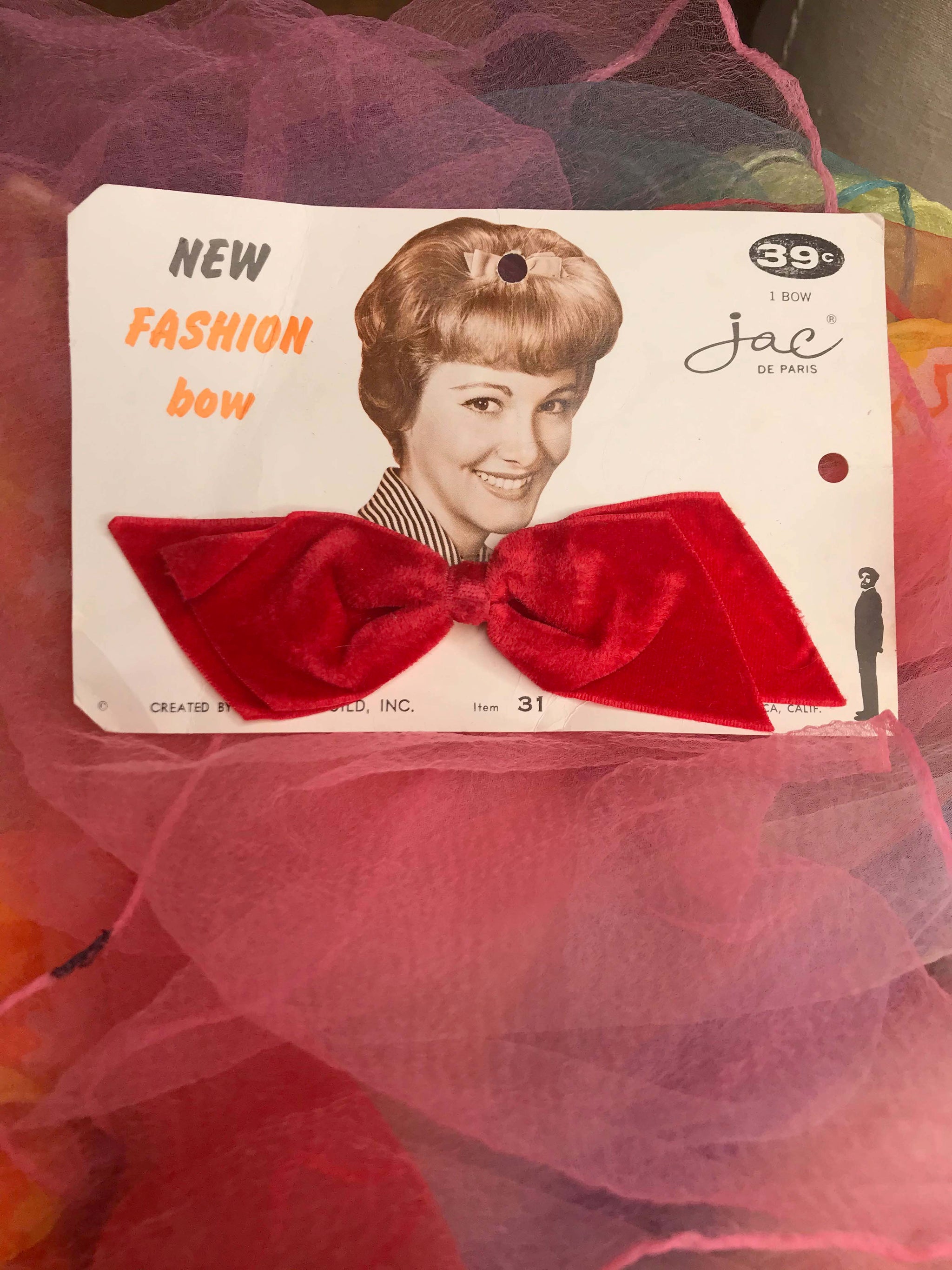 Deadstock 60s Vintage 1965 | Red Velvet Hair Bow Barrette 