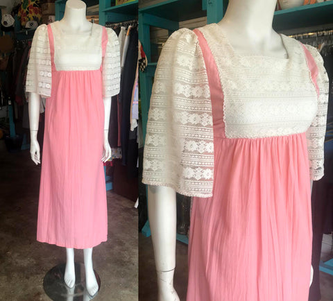 Vintage Pink Gunne Sax Style Festival Prairie Dress Cotton Lace Sweet Boho Hippy XS