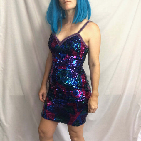 Vintage Fully Sequined Geometric Abstract Wild Glam Party Mini Dress Size XS