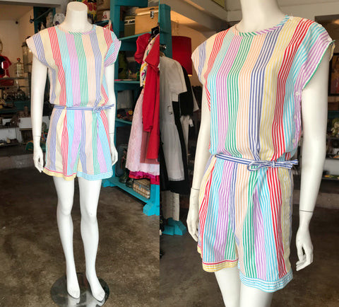 Vintage 1970s Rainbow Striped Cotton Summer Playsuit/Romper/One Piece/Jumpsuit Size Small