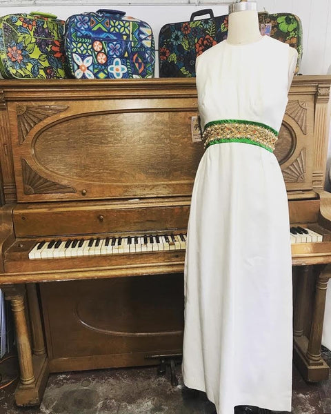 Vintage 60s 70s Mod Mid Century Maxi Prom Party Wedding Cocktail Beaded Cut Out Back Dress XS