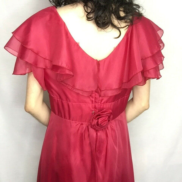Vintage 70s | Raspberry Boho Prairie Romantic Ruffle Chiffon Maxi Dress | M
