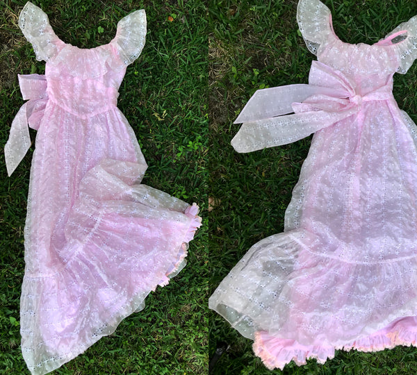 VTG 70s | Pink Gunne Sax Style Prom Prairie Lace Edwardian Boho Dress | XS