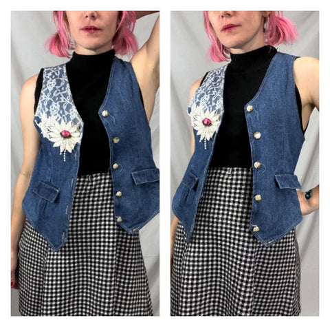 Vintage 80s | Embellished Madonna Lace Denim Vest or Crop Top | XS