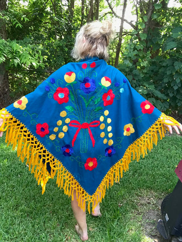 Vintage 70s | Hippie Woodstock Boho Mexican Fringe Embroidered Lace Shawl Cape