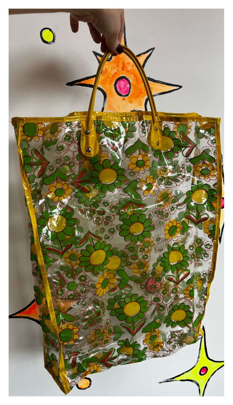 Vintage 1960's 60s | Mod Boho Hippie Clear Flower Power Vinyl Plastic Tote Bag