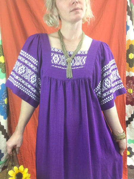 Vintage 70s | Guatemalan | Oaxacan Style MuuMuu Cotton Caftan Boho Dress | Sz L