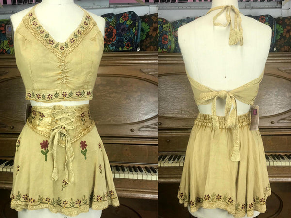 VTG 90s does 70s | Boho Hippie Gypsy Embroidered 2 Piece Halter Crop Top & Skirt