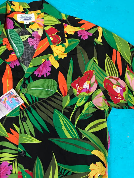 Men's Hawaiian Short Sleeve Shirt/ Vintage Surfline/ Bright Colors/ Tropical Floral Print Button Down Vacation Shirt M