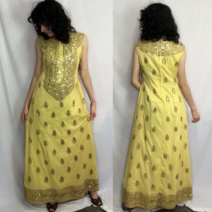 Vtg 60s 70s | Gold Beaded Bohemian Hippie Maxi Ethnic Indian Sari Dress | S