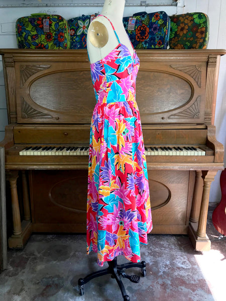 VTG 70s | Malia Honolulu Tiki Hawaiian Tropical Floral Boho Day Glo Sun Dress XS