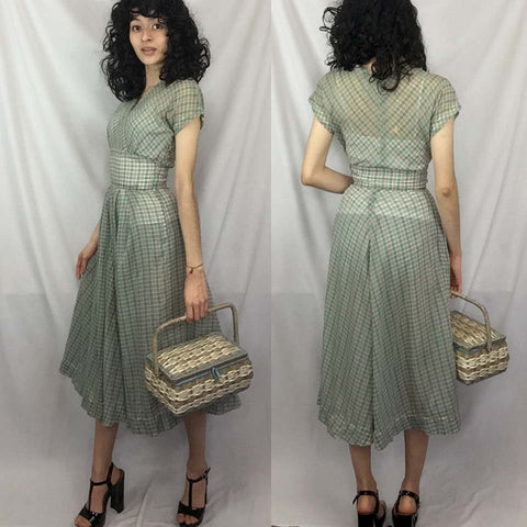 Vintage 40s 1950s | Plaid Fit and Flair Semi Sheer Pin Up Cotton Day Dress | XS