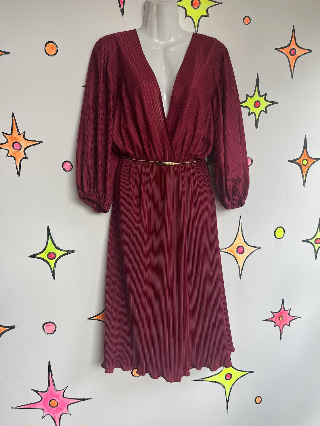 Vintage 70s | Burgundy Maroon Goddess Boho Disco Secretary Party Dress | Sz M-L