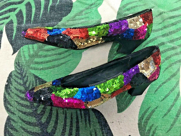 Vintage 80s J Renee Rainbow Sequin Glam Pumps Kitten Heels Rare 7