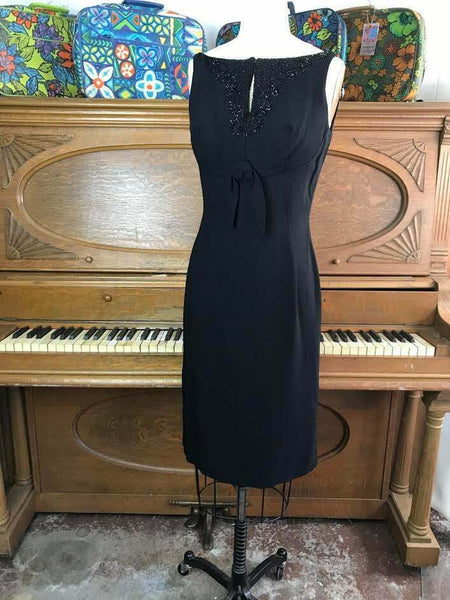 VTG 50s 60s Black Beaded Mid Century Pencil Hourglass Wiggle Cocktail Dress XS