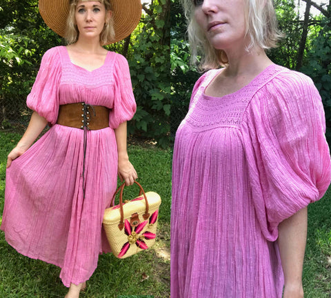 VTG 70s | Grecian Gauzy Puff Sleeve MuuMuu Boho Hippie Peasant Dress | Free Size