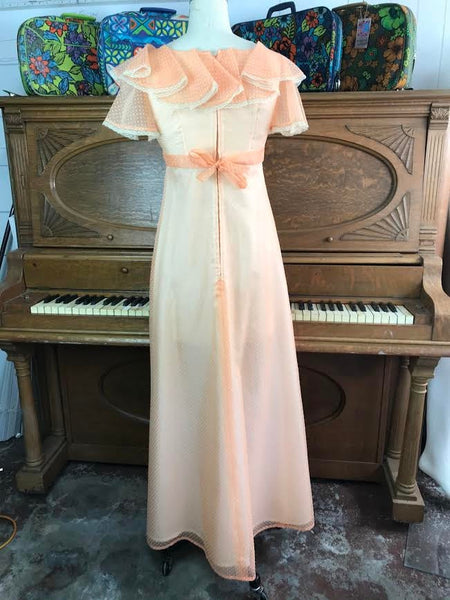 Vintage Peach Dot Ruffle Gunne Sax Style Festival Prairie Dress Lace weet Boho Hippy Small