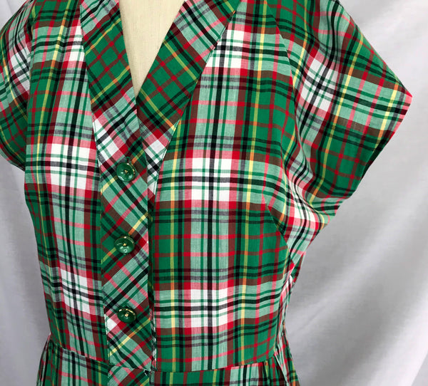 Vintage 40s 1940s | Green Plaid Cotton Day Dress Belle Brook Frocks Milwaukee ML