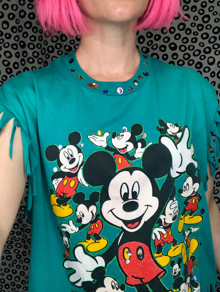 Vintage 80s 90s Mickey Mouse Tee Disney Collectible Fringe Bedazzled T Shirt L