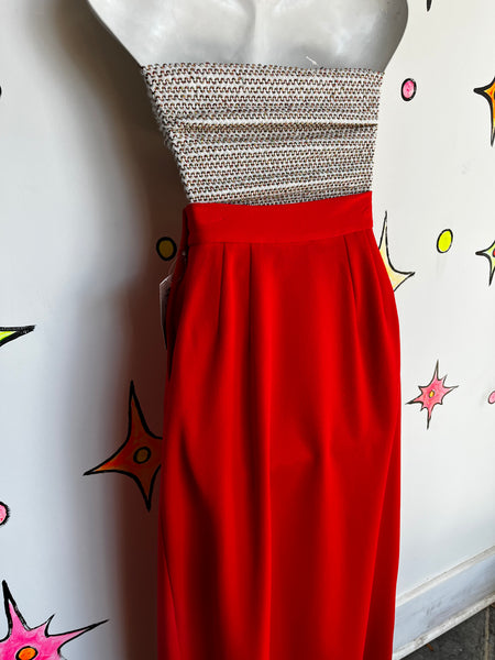Vintage 1970s | Bright Red Groovy Disco Maxi Long Faux Wrap Skirt | XS S