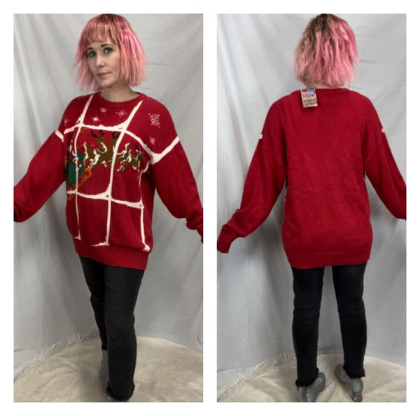 Vintage 80s 90s | Red Tacky Knit Ugly Christmas Sweater Sweatshirt | L