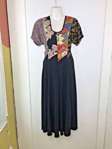 Vtg Vintage 90s Grunge Patchwork Floral Midi Boho Hippie Dress Size Small S