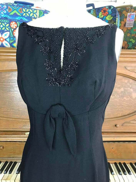 VTG 50s 60s Black Beaded Mid Century Pencil Hourglass Wiggle Cocktail Dress XS