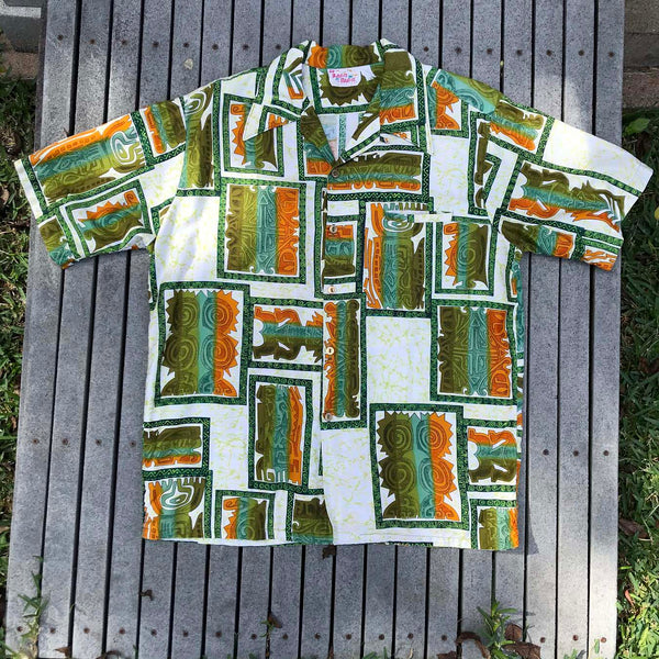 Vintage 1970s | Barefoot in Paradise Hawaiian Tiki Shirt | Size L