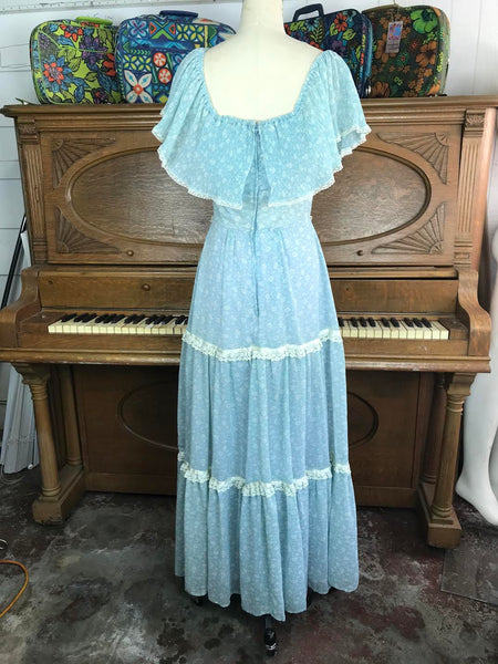 Vintage Blue Ruffle Gunne Sax Style Festival Prairie Dress Cotton Lace Sweet Boho Hippy Small