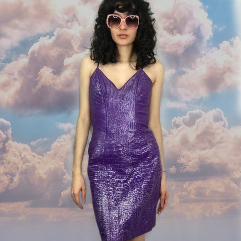 Vintage 80s 90s | Purple Silver Faux Snake Skin Leather Tannery West Dress | 6