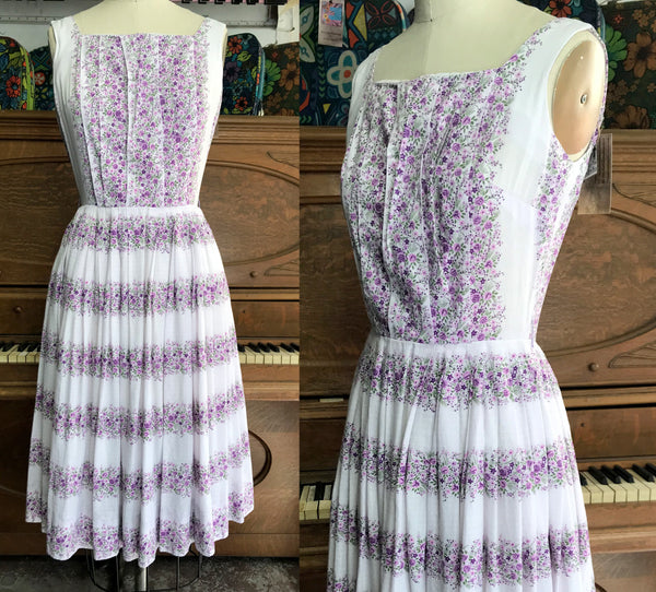 Vintage 1950s Purple Floral Swing Skirt Pin Up Cotton Party Dress S M