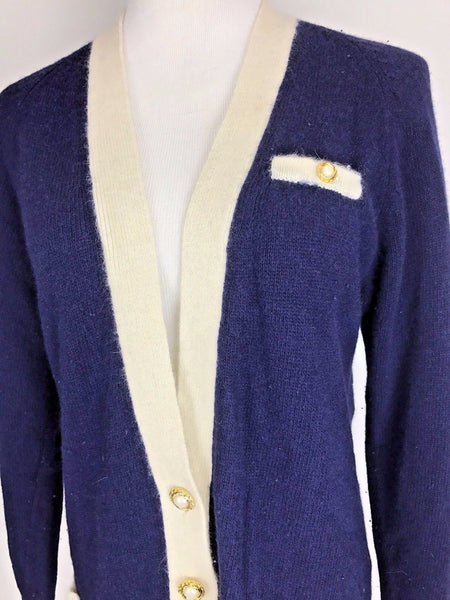 Vintage 80s Fuzzy Angora Lambswool Navy Gold Nautical Sweater Jacket Cardigan L