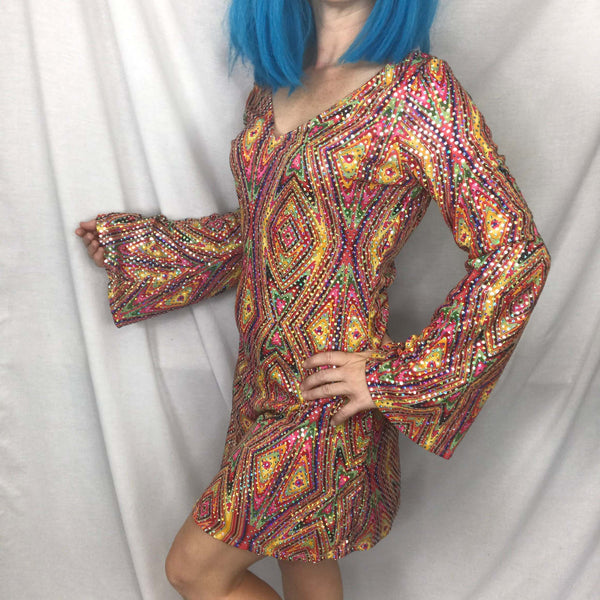 Vintage 60s 70s | MOD GoGo Psychedelic Groovy Bell Sleeve Disco Mini dress | M/L