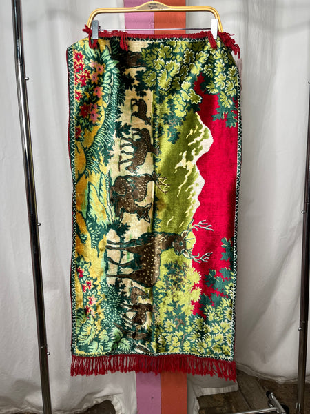 Vintage | Victorian Style | Red Velvet Fringe Deer Tapestry Wall Hanging