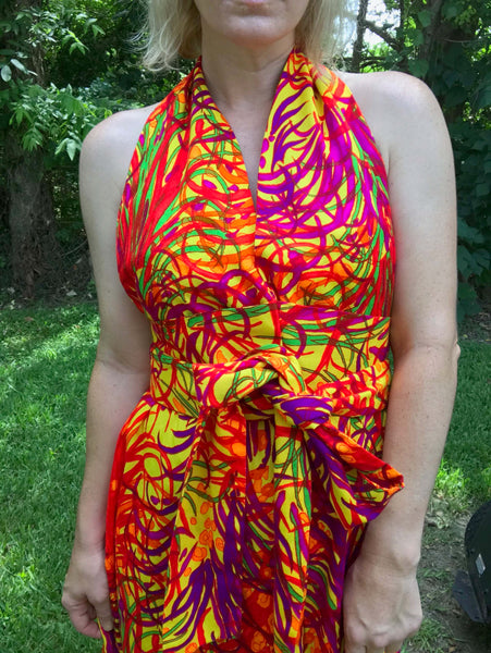 Vintage 70s | Psychedelic Day Glo Hawaiian Bohemian Hippie Maxi Festival Dress S