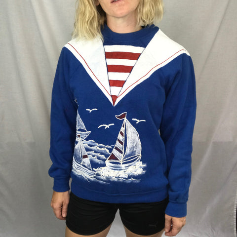 Vintage 80s Hand Painted Puffy Paint One of a Kind Sailor Nautical Sweatshirt L