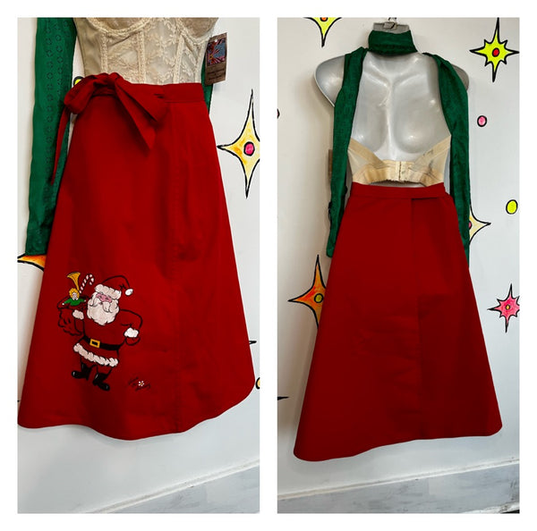 Vintage 50s 60s | Red Hand Painted Santa Christmas Wrap Swing A Line Skirt | S