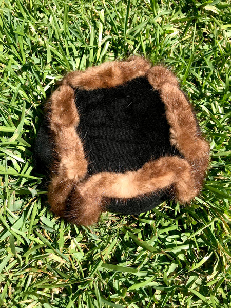 Vintage 50s | Black Felt Wool Fur Trim Fascinator Pin Up Party Pillbox Hat