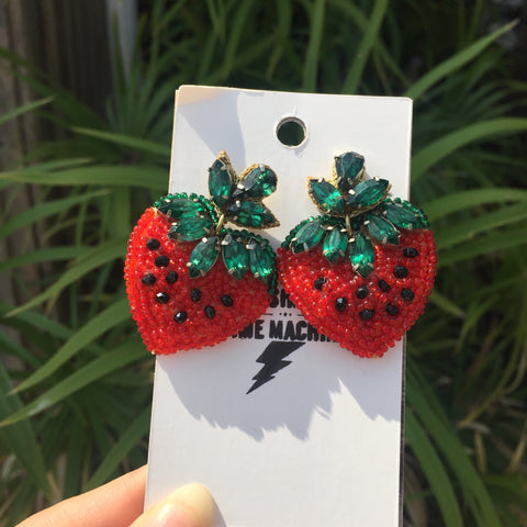 Strawberry | Retro Kitschy Kawaii | Beaded Crystals Stud Statement Earrings
