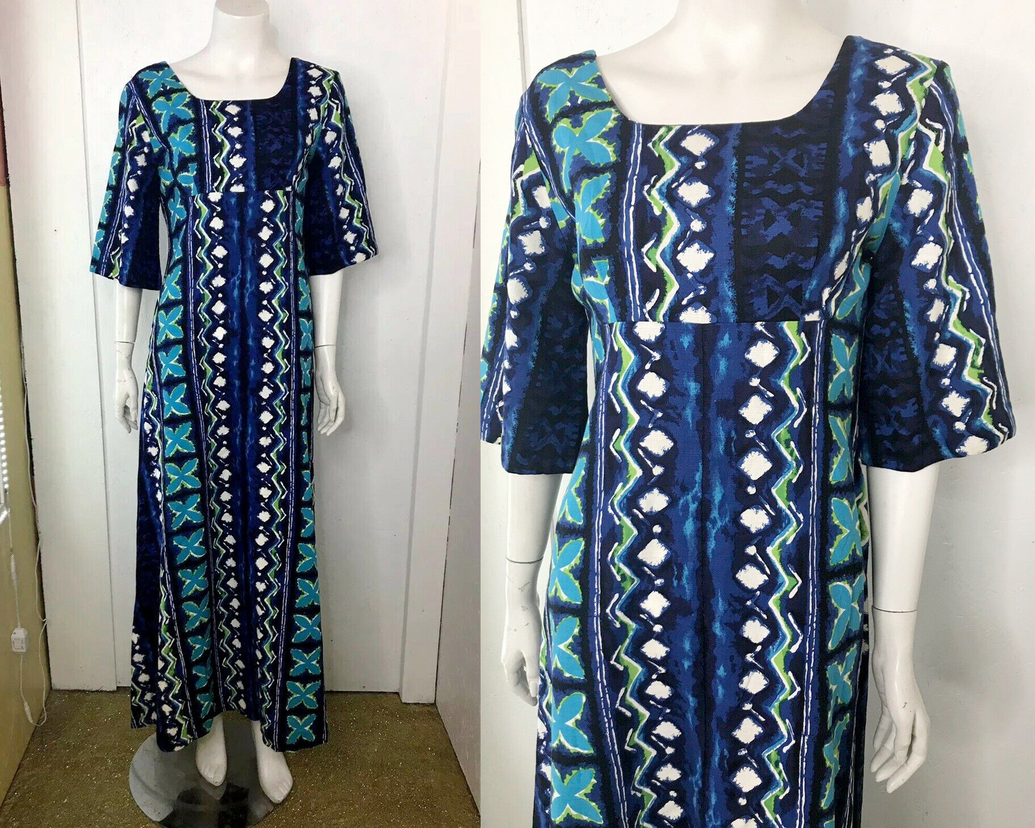 Vintage 60s Mod Cotton Barkcloth Hawaiian Blue Op Art Psychadelic Maxi Dress S