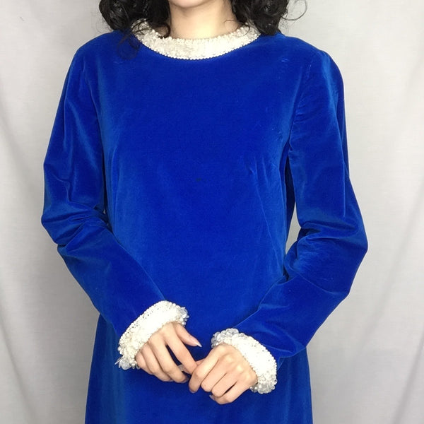 Vintage 60s | Bright Blue Velvet MOD Mini MCM Beaded Cocktail Party Dress | L